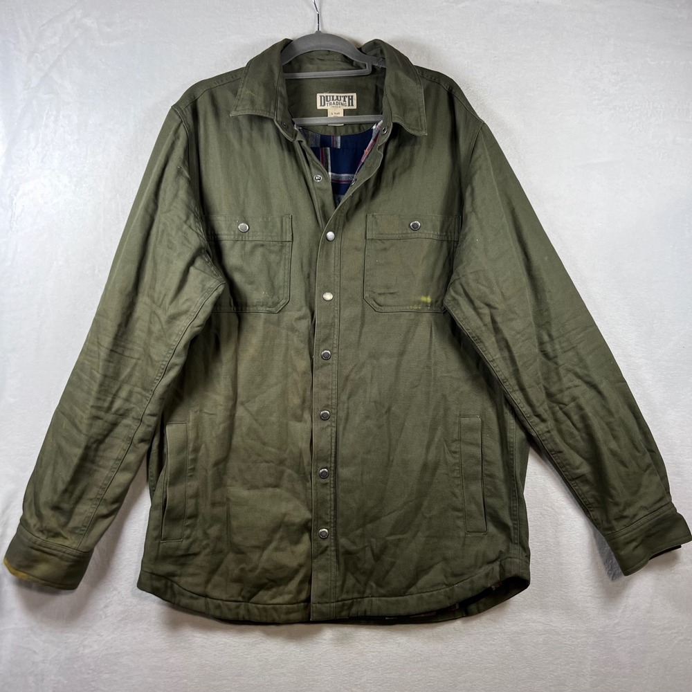 Duluth Trading Co Mens L Tall Olive Green Canvas Plaid Lined Snap Shirt Jacket